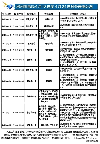 柳州供电局4月18日至4月24日对外停电计划